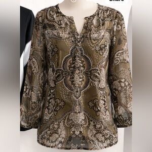 INC Sheer Paisley Blouse | Black & Olive | Lace-Up Neck | Boho Loose Fit | XL